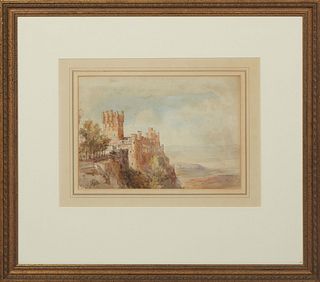 Continental School, "Castle View on a Cliff," 19th c., watercolor on paper, unsigned, presented in wide mat and gilt frame, H.- 8 3/4 in., W.- 12 1/2 