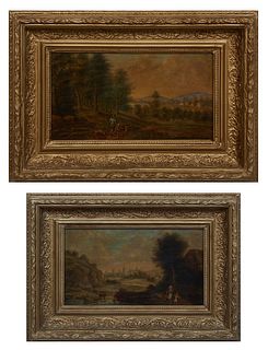 Pair of Continental Landscapes, 19th c., oils on board, one signed indistinctly lower right, each presented in matching gilt frames, H.- 5 1/2 in., W.