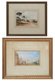 Continental School, Pair of Watercolors, consisting of: "Italian Venice Scene," watercolor on paper, unsigned, presented in wide mat and gilt frame, H