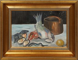 American School, "Still Life of Seafood," 20th c., oil on canvas board, unsigned, presented in a gilt frame, H.- 9 1/4 in., W.- 15 1/2 in., Framed H.-
