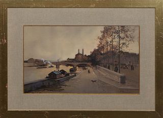 Paul Renard (French, 1941-1997), "Paris River Scene of the Seine," early 20th c., gouache on paper, signed lower right, presented in a gilt frame with