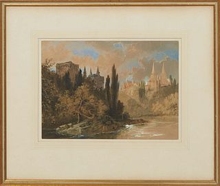 John Dobbin (English, 1815-1888), River Landscape, 19th c., watercolor on paper, unsigned, presented in a gilt frame, H.- 8 1/2 in., W.- 12 in., Frame