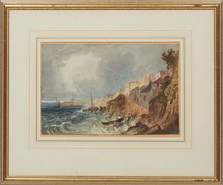 William Henry Harriot (British, 1790-1839), "Boats by the Cliff," c. 1839, watercolor on paper, unsigned, presented in a gilt frame, H.- 7 3/4 in., W.