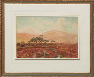 Charles Saunders (British, -1915), "Red Mountainscape," watercolor on paper, signed lower left, with an inscription about the artist en verso, present