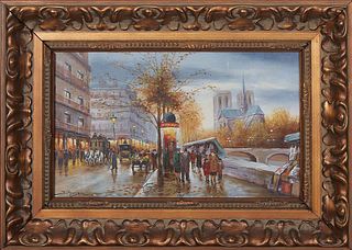 J. Meijer (Dutch), "View of Notre Dame from Quai de la Tournelle," 20th c., oil on panel, signed lower left, presented in a gilt frame, H.- 6 3/4 in.,