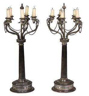 Pair of Silverplated Five Light Columnar Candelabra, late 19th c., with five curved candle arms with relief crane decoration, joined by five chains, a