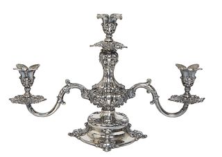 Reed & Barton Art Nouveau Silverplate Three Light Candelabra, 20th c., #165, with a central pierced bottle form support with relief floral decoration,