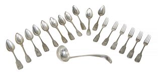 Eighteen Pieces of French .800 Silver Fiddle Thread Silver, 19th c., consisting of 6 dinner forks with a maker's mark of "HAS," and 12 soup spoons, wi