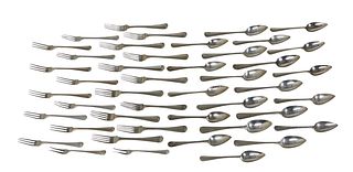 Forty-Five Pieces of French, 800 Fiddle Back Silver, 19th c., consisting of 11 dinner forks, 11 salad forks, 2 olive forks, 12 teaspoons and 9 soup sp