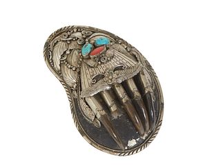 Southwestern Sterling Bear Claw Belt Buckle, mounted with coral and turquoise, signed with a foot imprint, now lacking one claw, from the David Allen 