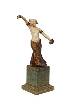 Art Deco Bronze and Carved Belly Dancer Playing Cymbals, early 20th c., with cymbals in her hands, on a stepped green marble plinth, H.- 10 3/4 in., W
