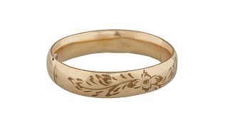 14K Yellow Gold Hinged Bangle Bracelet, marked Lestage, with incised leaf and floral decoration, H.- 1/2 in., Int. W.- 2 1/2 in., Int. D.- 2 1/4 in., 