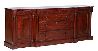 Ralph Lauren "Polo" Carved Mahogany Sideboard, 20th c., the breakfront rectangular top over a frieze drawer and three deep drawers, flanked by engaged