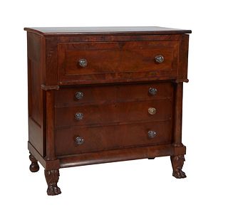 American Classical Carved Walnut Secretary Chest, 19th c., the rounded edge rectangular top over a pullout fall front with an inset leather writing su