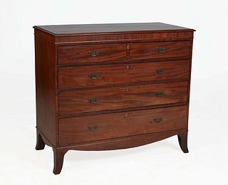 English Carved Mahogany Chest, 19th c., the stepped rounded edge top over a divided frieze drawer, above three deep drawers, on pointed cabriole legs,