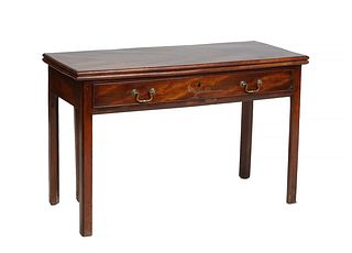 English Carved Mahogany Games Table, the reeded edge rectangular folding top on tapered chamfered legs, H.- 38 1/2 in., W.- 45 in., D.- Closed- 19 1/2