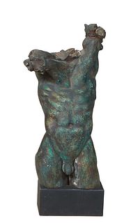 American Patinated Bronze Torso Figure, 20th c., on a rectangular black iron base, Torso- H.- 30 in., W.- 12 in., D.- 10 in., Base- H.- 5 in., W.- 11 