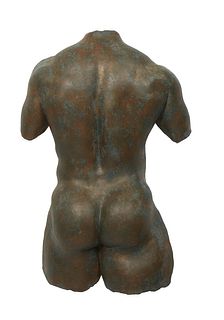 Spencer Porter, "Male Nude Torso Back," 20th c., ceramic cast, signed en verso, fitted for wall hanging, H.- 32 in., W.- 21 1/2 in., D.- 8 in.