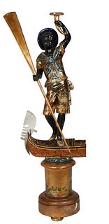 Italian Venetian Carved Polychromed Wood Blackamoor Figure, early 20th c., depicting a gondolier standing on the prow of his gondola, with a paddle in
