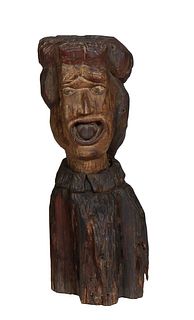 Folk Art Carving, of a man with an open mouth, carved from a single log, H.- 34 1/2 in., W.- 12 1/2 in.