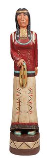 Frank Gallagher Polychrome Carved Wooden "Cigar Store" Indian Female, 20th c., with a papoose on her back, on a integral drum shaped base, H.- 64 in.,