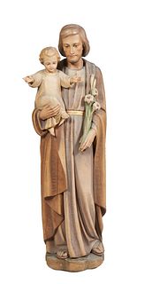 Carved Wooden Statue, 20th c., of Joseph holding the baby Jesus, with traces of original paint, on an integral base, H.- 49 in., W.- 12 1/2 in., D. -1