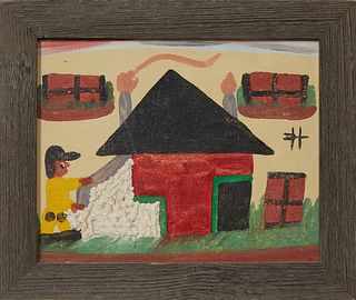 After Clementine Hunter (1887-1987, Louisiana), "Cotton Gin," 20th c., oil on canvas wrapped on board, by Frank Hunter, initialed on right, presented 