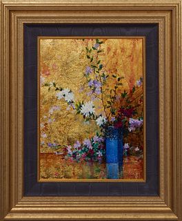 Robert Malcolm Rucker (Louisiana, 1932-2001), "Goldleaf Still Life of Flowers," 20th c., oil and gold leaf on canvas, signed lower left, presented in 