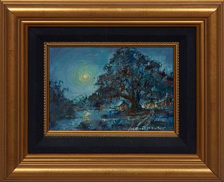 Robert Rucker (American/Louisiana, 1932-2001), "Oak and Bayou at Night," 20th c., acrylic on canvas board, signed lower right, presented in a gilt fra