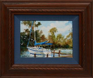 Robert Rucker (American/Louisiana, 1932-2001), "Sailboat at the Dock," 20th c., acrylic on board, signed lower left, presented in a wooden frame, H.- 