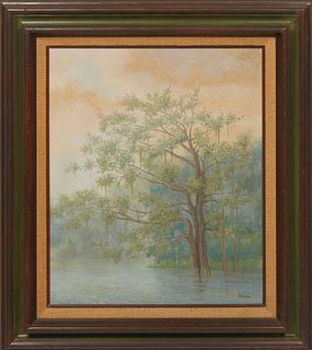 Don Reggio (Louisiana, 1950), "Cypress Tree in the Bayou," 1975, oil on canvas, signed bottom right, signed and dated en verso, presented in a wood fr