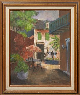 Lee Tucker (Louisiana, 1944-), "French Quarter Courtyard," 20th c., oil on panel, signed lower right, presented in a linen lined wood frame, H.- 19 1/