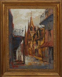 Raiggo, "View of the French Quarter," oil on board, presented in a gilt frame, H.- 23 1/4 in., W.- 17 3/8 in., Framed H.- 30 3/8 in., W.- 24 3/8 in.