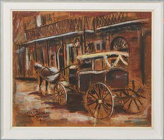 J Hoxsey (Louisiana), "French Quarter, New Orleans, LA," 20th c., mixed media on paper, signed lower left, presented in a white frame, H.- 22 3/4 in.,
