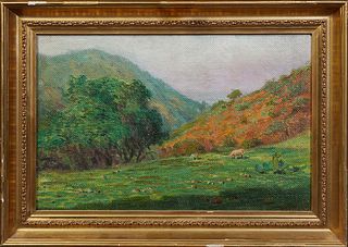 Charles Wellington Boyle (Louisiana, 1861-1925), "Cows in a Field," oil burlap laid on panel, signed lower right, presented in a gilt wood frame, H.- 