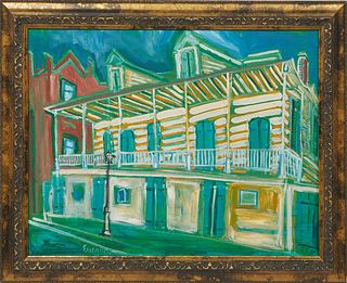 Marsha Ercegovic (New Orleans), "Green House," 20th c., oil on canvas, signed lower left, presented in a polychromed frame, H.- 15 1/4 in., W.- 19 1/2