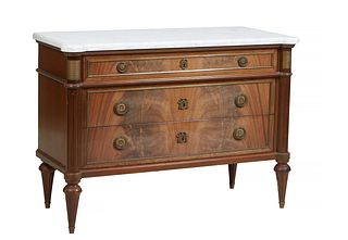 French Louis XVI Style Ormolu Mounted Walnut Marble Top Commode, 19th c., the ogee edge cookie corner white marble over two large setback drawers, fla