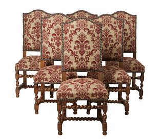 Set of Six French Carved Walnut Louis XIII Dining Chairs, early 20th c., the high canted arched back over a trapezoidal seat, on turned and rope twist