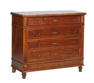 French Louis XVI Style Carved Walnut Marble Top Commode, late 19th c., the inset highly figured rouge marble over a long reeded frieze drawer, above t