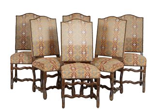 Set of Six French Carved Beech Louis XV Style Dining Chairs, 20th c., the arched canted high back, to a trapezoidal seat, on cabriole legs joined by s
