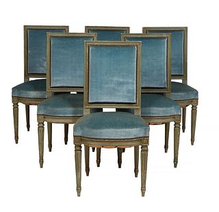 Set of Six French Polychromed Beech Louis XVI Style Dining Chairs, 20th c., the rectangular canted backs over trapezoidal bowed seats, on turned taper