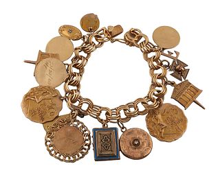 14K Yellow Gold Charm Bracelet, not all charms are gold, L.- 6 3/4 in., total wt.- 2.43 Troy Oz.