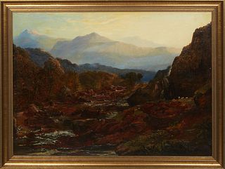 In the Manner of Alfred Fontville De Breanski, Jr. (English, 1877-1957), "River Landscape with Mountains," 19th c., oil on canvas, signed illegibly lo