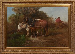 Henry Schouten (Belgian, 1857-1927), "Horses Pulling the Plow," oil on canvas, signed lower right, presented in a gilt frame, H.- 23 1/8 in., W.- 35 i