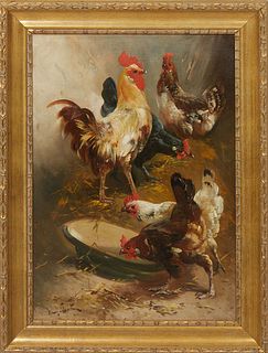 Henry Schouten (Belgian, 1857-1927), "Feeding Chickens," oil on canvas, signed lower left, presented in a gilt frame, H.- 27 3/4 in., W.- 19 3/4 in., 
