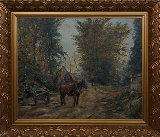 Hubert Op De Beeck (Dutch, 1875-), "Countryside View with Horse and Cart," 1943, oil on canvas, signed and dated bottom left, presented in a gilt and 