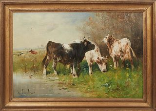 Henry Schouten (Belgian, 1857-1927), "Cows Grazing in the Field," 20th c., oil on canvas, signed lower left, presented in a gilt frame, H.- 19 1/4 in.