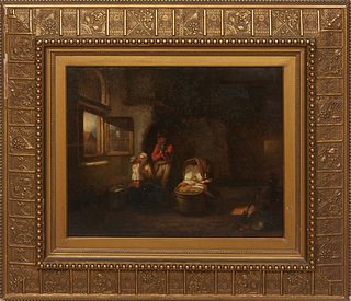 Flemish School, "Interior Genre Scene," 19th c., oil on panel, unsigned, with "L.G. Gerardts, Anvers" stamped en verso, presented in a gilt and gesso 
