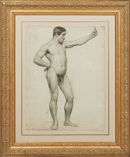 "Academic Study of a Male Nude," 19th/early 20th c., charcoal on paper, unsigned, floated in a mat and presented in a gilt and gesso frame, H.- 24 1/4