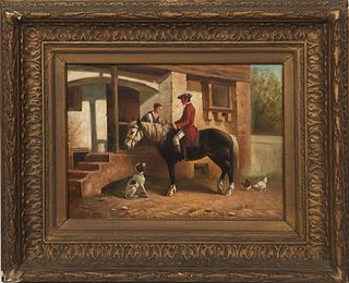 Charles Meer Webb (English/German, 1830-1895), "Englishman on Horseback," 1886, oil on canvas, signed and dated lower left, presented in a gilt and ge